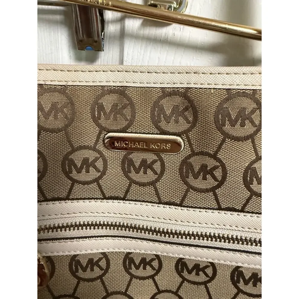 MICHAEL KORS SIGNATURE SHOULDER TOTE GOLDEN ZIPPED WHITE LEATHER TRIM 17x11